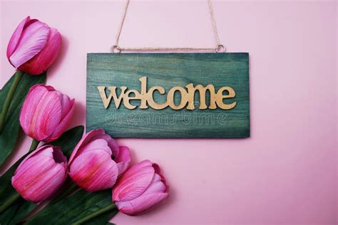 Welcome Sign And Tulip Flower Blooming Decoration On Pink Background