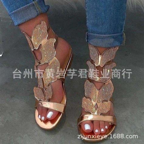 Large Size Rhinestone Sandals Women 2020 New Summer Flat Bottom Butterfly Rhinestone Sandals