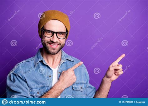 Close Up Portrait Of His He Nice Attractive Content Cheerful Cheery Glad Bearded Guy Pointing