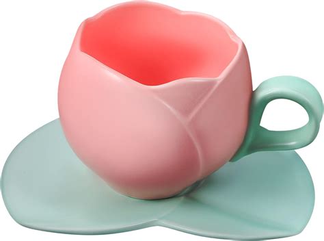 Fuoyloo Flower Tea Cup Set Ceramic Cup And Saucer Set Pink Coffee Mug Pink Tulips Afternoon Tea