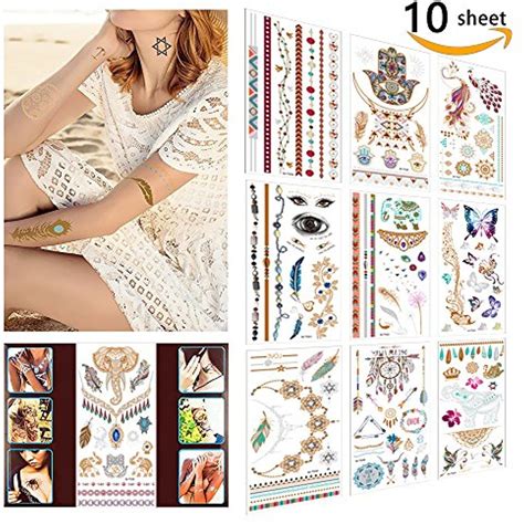 10 sheets metallic temporary tattoos for women body makeup 150 designs flash temp glitter