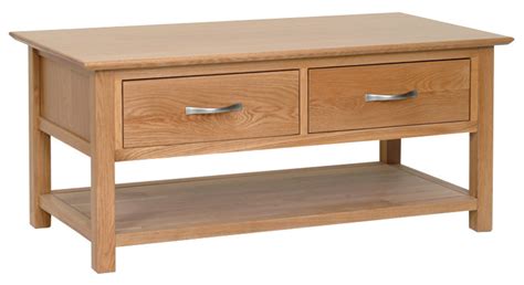 The coffee table with storage and faux leather drawer pulls measures 42 x 23.75 x 18 to provide organization to your living space without taking up too much room. Norwich Oak Coffee Table 2 Drawers | Edmunds & Clarke ...