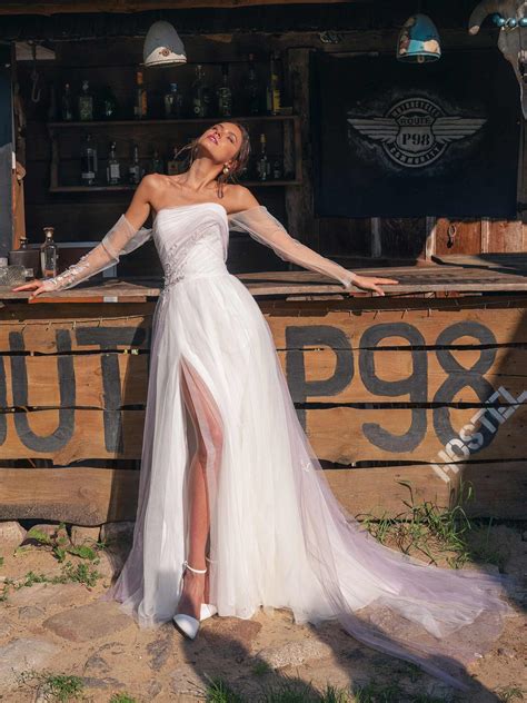 Wedding Dress With Slit And Off The Shoulder Sleeves
