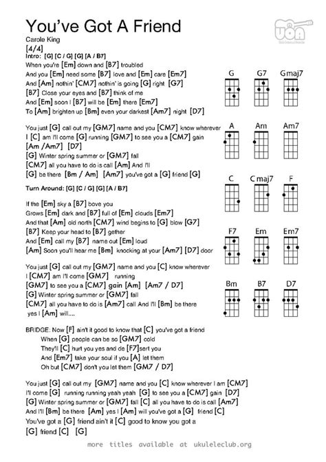 Select a song title to get the chords and a video. You've Got a Friend - Carole King | Ukulele Club Amsterdam | Ukulele chords songs, Guitar chords ...