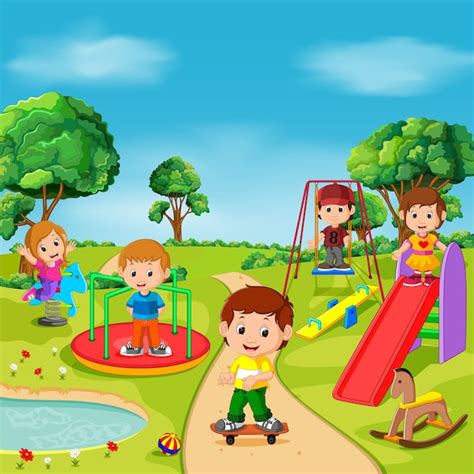 Niños Jugando Al Aire Libre En El Parque Descargar Vectores Premium