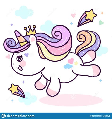 Flat Unicorn Fairy Cartoon Pony Child Jump In Air With Star And Cloud