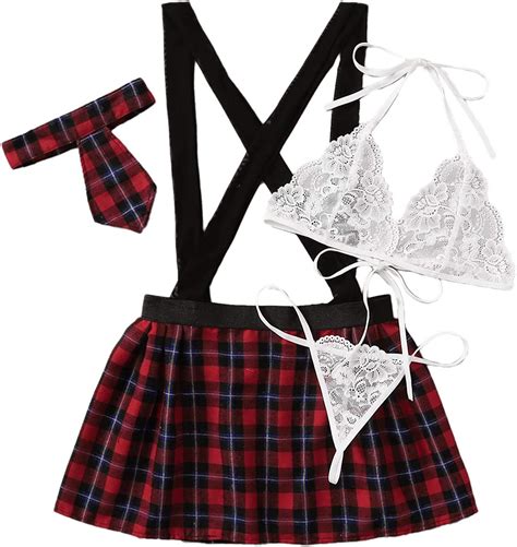 Shein Womens Sexy Schoolgirl Costume Lingerie Outfit For Sexy 4 Piece Set