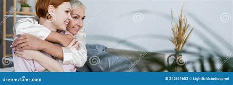 Positive Lesbian Woman In Pajamas Embracing Stock Image Image Of Positive Lesbian 242559653