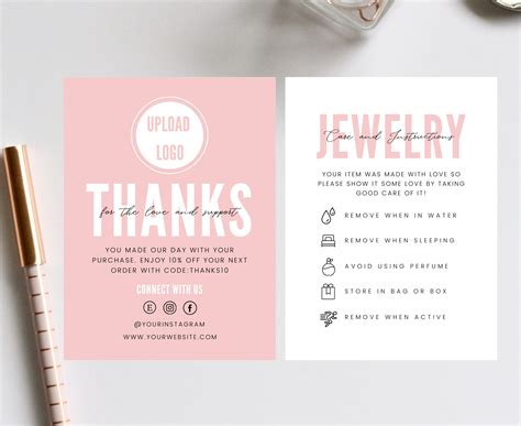 Printable Pink Thank You Card Jewellery Instructions Template Editable