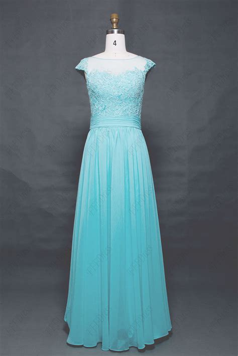 Light Aqua Blue Long Prom Dresses Cap Sleeves Mypromdress