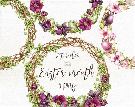 Watercolor Spring Happy Easter Wreath Clip Art Painted Easter Etsy