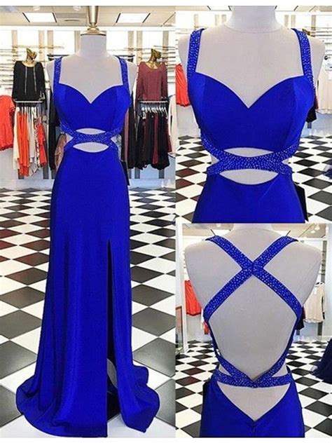 Sexy Royal Blue Straps Split Front Criss Cross Sheath Prom Dress With Beading Sleeveless Evening