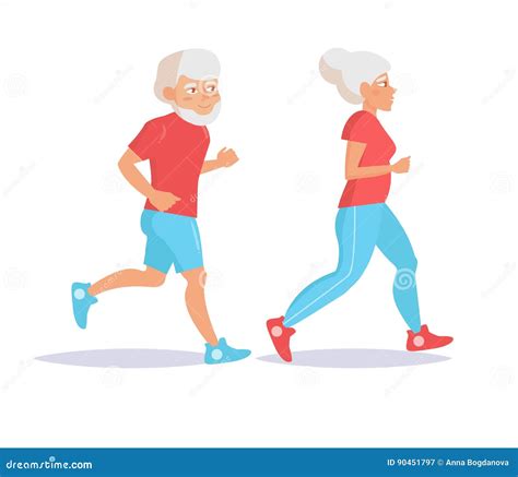 Vector Flat Cartoon Old Man Running Jogging Vector Illustration
