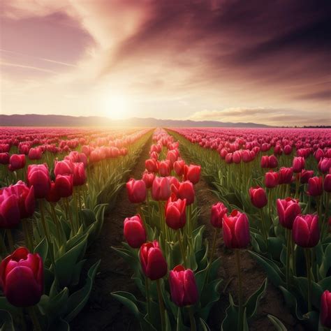 Un Campo De Tulipanes Con Un Atardecer De Fondo Foto Premium