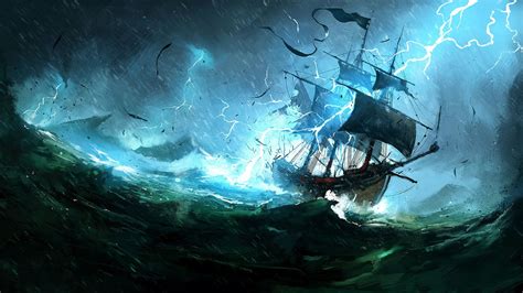 Ship On Sea During Thunderstorm Animated Wallpaper Fantasy Art Sea
