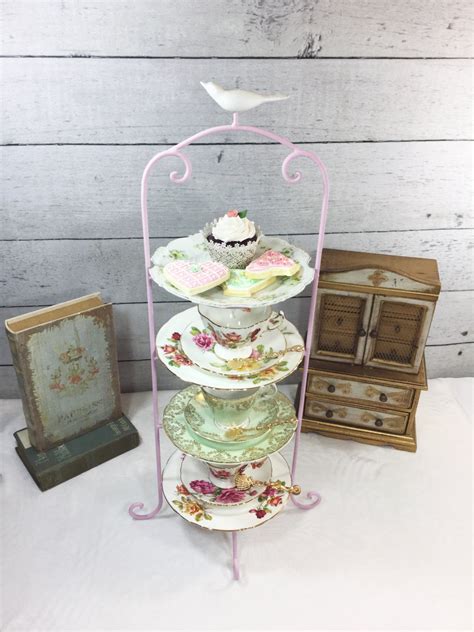 Sale Bird Pink Large 4 Tier Metal Tea Cup Display Stand Teacup