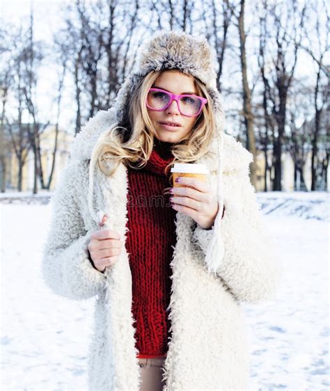 Young Pretty Teenage Hipster Girl Outdoor In Winter Snow Park Ha Stock Image Image Of Gloves