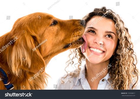Cute Dog Licking Womans Face Isolated Stok Fotoğrafı 155938817