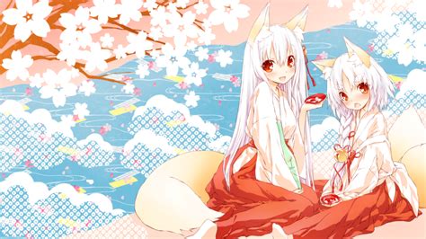 Wallpaper Fox Girl Animal Ears Shrine Maidens Miko