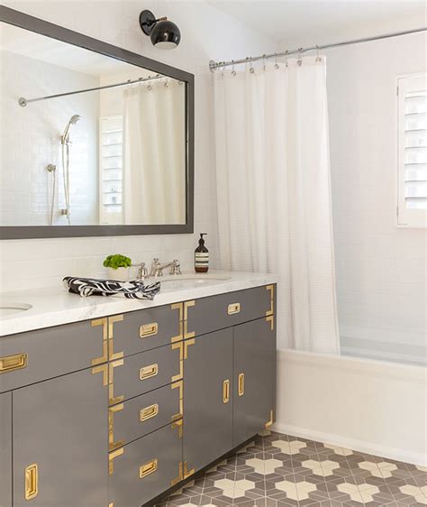 White bathroom vanity black hardware. Gray Campaign Vanity with Brass Hardware and Gray Mirror ...