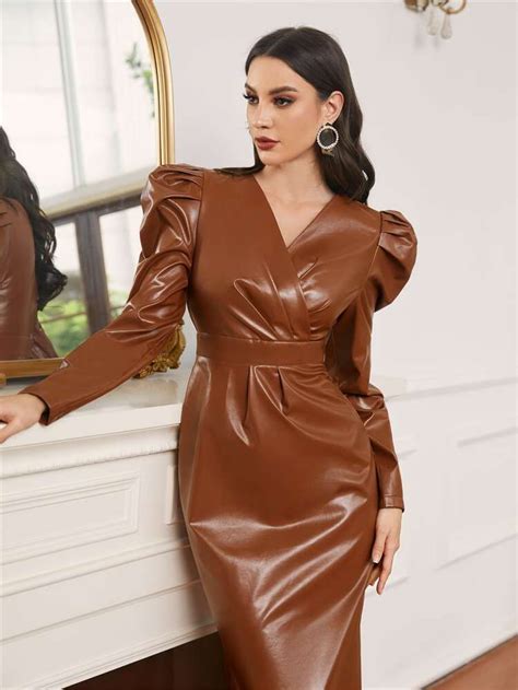 Shein Gigot Sleeve Split Back Pu Leather Dress Shein Asia Brown Leather Dress Outfit Faux
