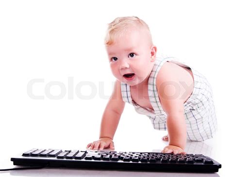 Little Child Holding Keyboard Isolated Over White Stock Image Colourbox