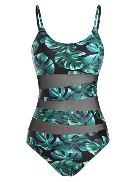 Off Leaf Print Mesh Insert Cami One Piece Swimsuit In Green
