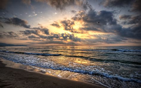 Sea Waves Beach Sand Sky Clouds Sunset Wallpaper Nature And