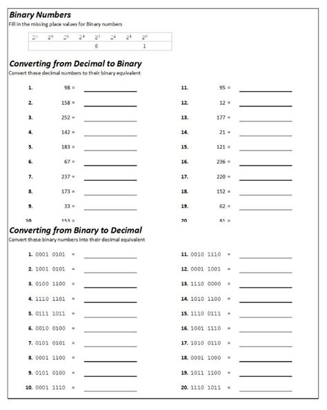 Binary Code Worksheet