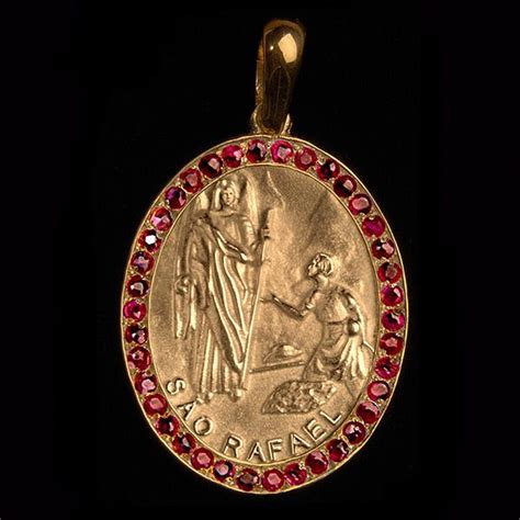 Medalha Arcanjo Rafael Em Ouro 18k Cravejada Rubis Artigos Religiosos