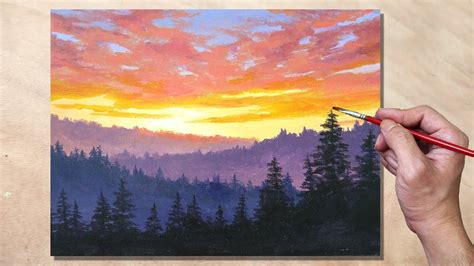 Acrylic Painting Sunset Forest Mountain Landscape Painting Tutorial