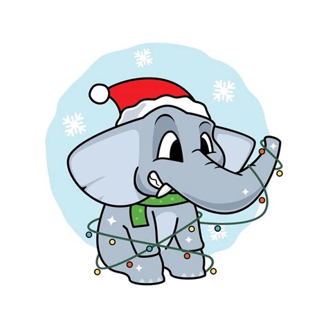 Cute Elephant Christmas With Garland Light Hand Drawn Vector Cartoon