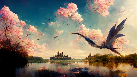 Wallpaper Landscape Blossoms Castle Lake Nature Plants Birds