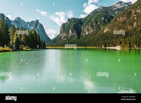 Panoramic View Of Lake Dobbiaco Toblacher See In The Dolomites