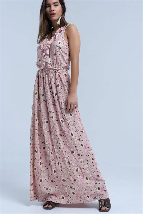 Pink Floral Print Maxi Dress With Ruffle Detail Floral Print Maxi