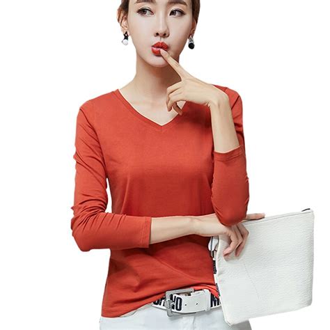 Poleras De Mujer Moda 2018 Cotton T Shirts V Neck T Shirt Women Summer Long Sleeve Casual Korean