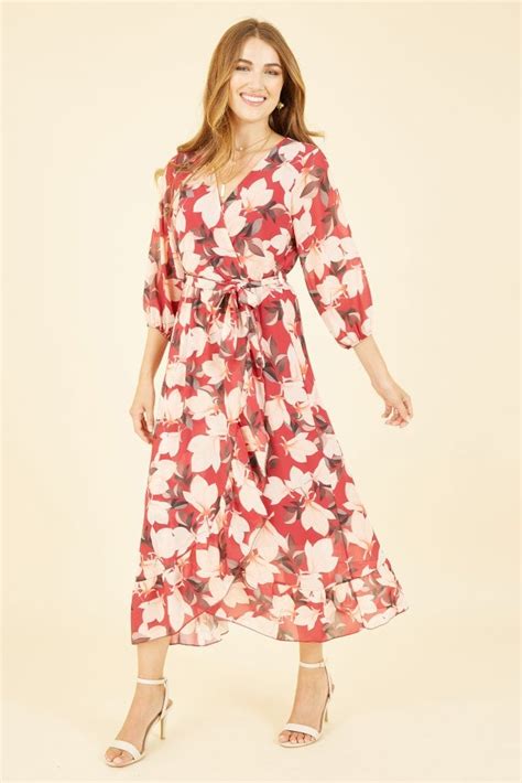 Yumi Red Blossom Wrap Midi Dress With 34 Sleeves Yumi