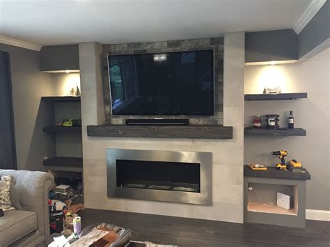 Carbon Grey Mantel With Matching Shelves In Niche Home Living Room