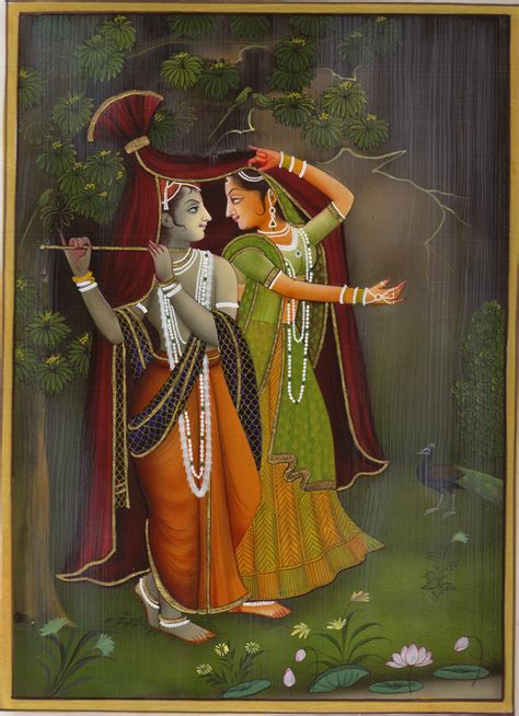 Krishna Radha Painting Indian Hindu Religious God Goddess Handpainted Folk Art Mughal