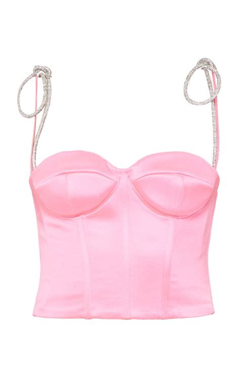 Pink Satin Corset With Crystal Bow Straps By Mach And Mach For Preorder