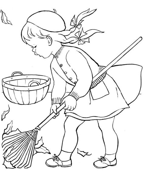 Little Girl Sweeping In Autumn Leaves Coloring Page Coloring Sun