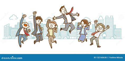 Happy Office Workers Jumping Up Stock Vector Illustration Of