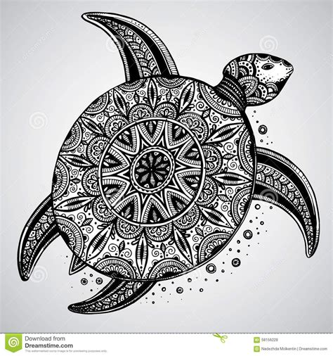 Hand Drawn Monochrome Doodle Turtle Decorated With Orient Stock
