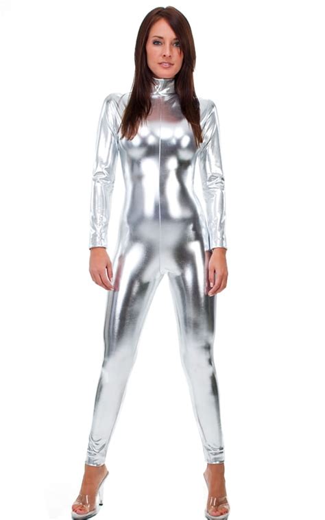 Back Zipper Catsuit Bodysuit In Liquid Metallic Silver By Skinz