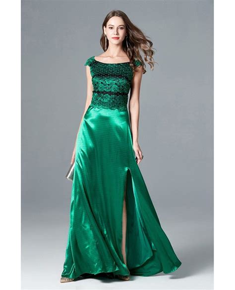 Cap Sleeve Split Long Green Evening Dress With Lace Beading Bodice Ck796