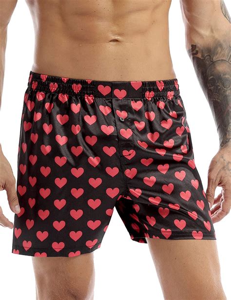 Agoky Mens Silky Satin Boxer Shorts Love You Valentine Special Pajamas Sleepwear Lounge