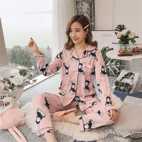 Spring Women Pajama Sets Open Button Sleepwear Cartoon Print Long Sleeve Pajamas Turn Down