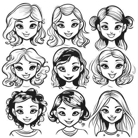 Girls Cartoons Girl Face Set Vector Clipart In The Format  Outline