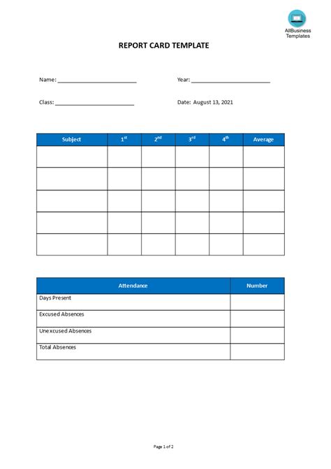 Blank Report Card Template