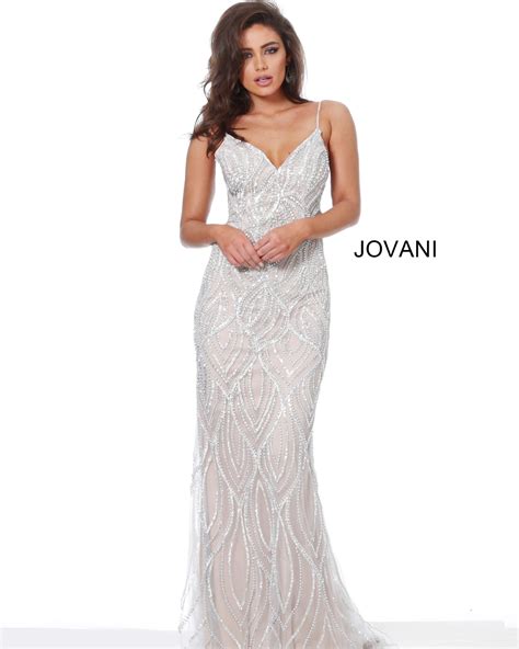 Jovani Silver Nude Embellished V Neck Prom Dress